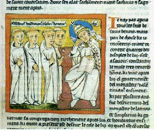 S. Gregorio che raccoglie testimonianze su S. Benedetto - Da i miracoli di S. B. 1437, Chantilly, Museo Cond
