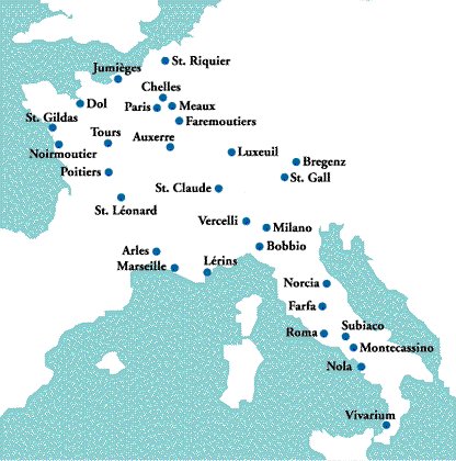 Mappa dei principali monasteri in Italia e Francia nel VI, VII e VIII secolo