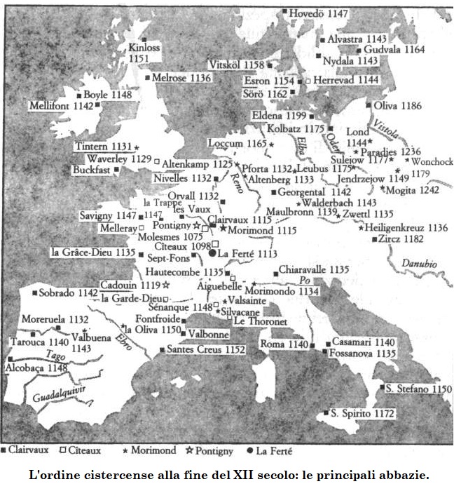 L'ordine cistercense alla fine del XII secolo: le principali abbazie.